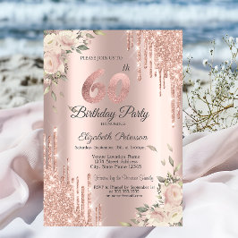 シックなグリッタードリップス、花バラ金ゴールド60th誕生日 招待状