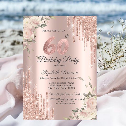 シックなグリッタードリップス、花バラ金ゴールド60th誕生日 招待状