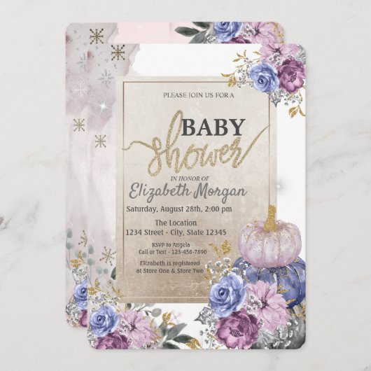 シックなグリッターバイオレットパンプキンスフラワーベビーシャワー 招待状 (正面/裏面)