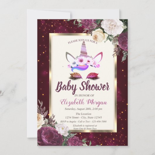 シックなグリッターユニコーン,バーガンディフローラベビーシャワー 招待状 (正面)