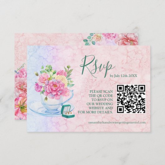 シックなグリーンとピンクの水色フローラQrコード 出欠カード (正面/裏面)