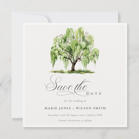 シックなグリーンウォーターカラーウィローツリーファーム結婚ズ セーブザデート (正面)