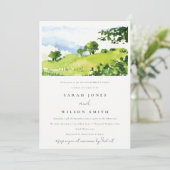 シックなグリーンウォーターカラーカントリーサイドヒルズ婚約 招待状 (スタンド正面)