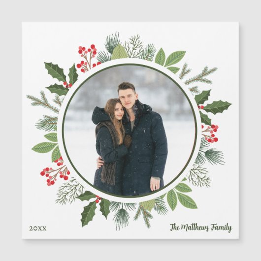 シックなグリーンクリスマスリースフォトマグネットカード (正面)