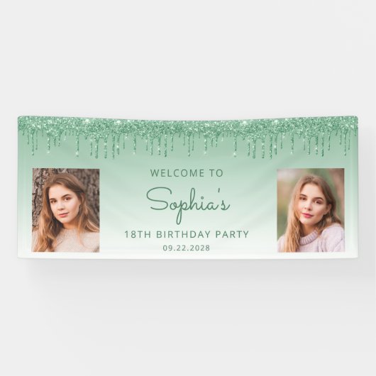シックなグリーングリッタードリップツーフォト18誕生日 横断幕 (横)