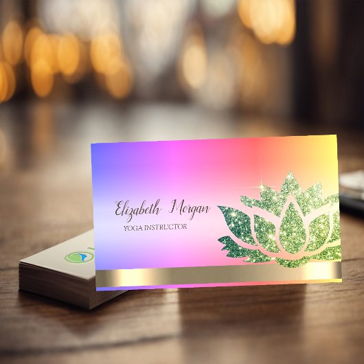 シックなグリーングリッターロータスフラワーヨガ 名刺