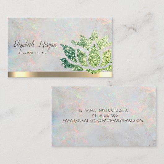 シックなグリーングリッターロータスヨガホログラフィック 名刺 (正面/裏面)