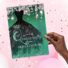 シックなグリーンシルバーグリッタードリップキンセアニェラ 招待状