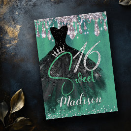 シックなグリーンシルバーグリッタードリップ甘い16 invitation 招待状