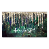 シックなグリーンターコイズ金ゴールドグリッタードリップモノグラム マグネット名刺 (正面)