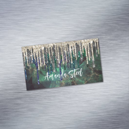 シックなグリーンターコイズ金ゴールドグリッタードリップモノグラム マグネット名刺 (インサイチュ)