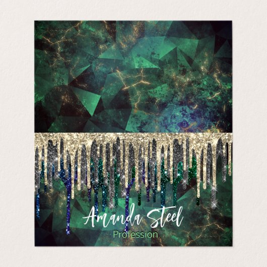 シックなグリーンターコイズ金ゴールドグリッタードリップモノグラム 名刺 (外部フラット)