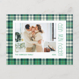 シックなグリーンタータンチェックプレイドハッピーニューイヤー写真 ポストカード