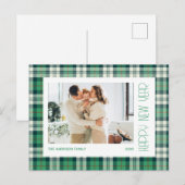 シックなグリーンタータンチェックプレイドハッピーニューイヤー写真 ポストカード (正面/裏面)