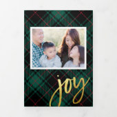 シックなグリーンタータンチェック書道ホリデーフォトカード 三つ折り招待状 (カバー)