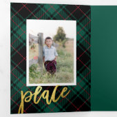 シックなグリーンタータンチェック書道ホリデーフォトカード 三つ折り招待状 (内部最初)