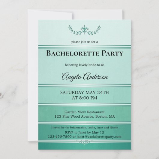 シックなグリーントーンオントーンストライプのバチェロレッテ 招待状 (正面)