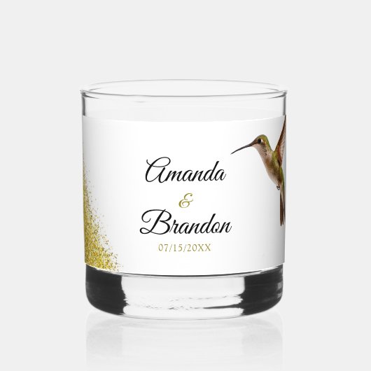 シックなグリーンハミングバードと金ゴールド結婚ダスト ウイスキーグラス (正面)
