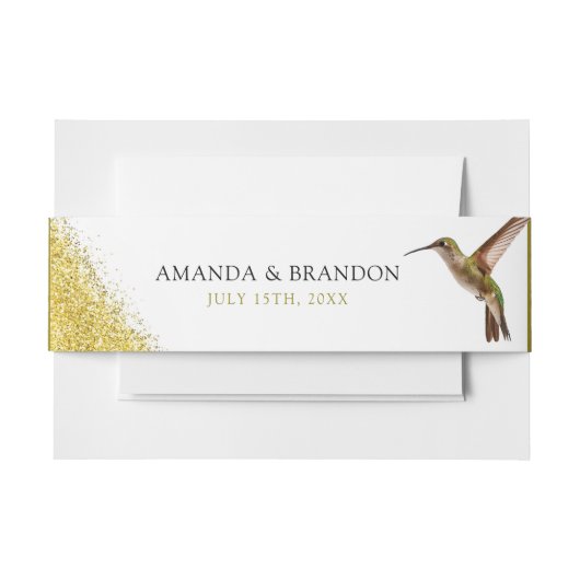 シックなグリーンハミングバードと金ゴールド結婚ダスト 招待状ベリーバンド (正面例)
