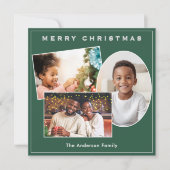 シックなグリーンフェイク&シルバー3枚の写真カスタムクリスマス シーズンカード (正面)
