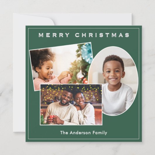 シックなグリーンフェイク&シルバー3枚の写真カスタムクリスマス シーズンカード (正面)
