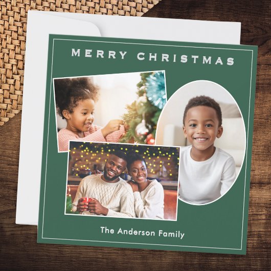 シックなグリーンフェイク&シルバー3枚の写真カスタムクリスマス シーズンカード