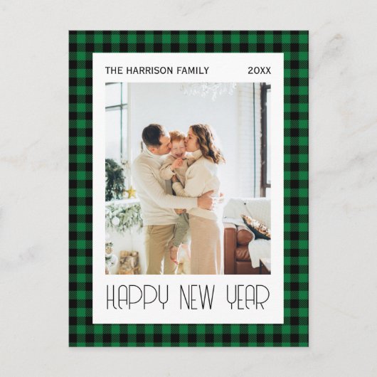 シックなグリーンブラックギンガムプレイド新年の写真 ポストカード (正面)