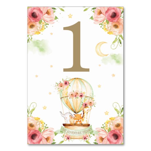 シックなグリーンホットエアバルーンベビーアニマルニュートラル テーブルナンバー (正面)