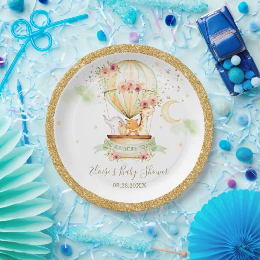 シックなグリーンホットエアバルーンベビーアニマルニュートラル ペーパープレート (パーティー)