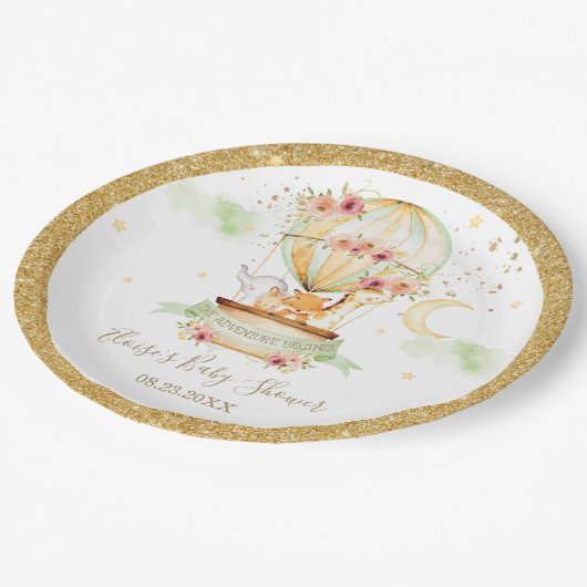 シックなグリーンホットエアバルーンベビーアニマルニュートラル ペーパープレート (アングル)