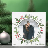 シックなグリーンホリークリスマスリース2サイドフォト シーズンカード