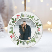シックなグリーンホリークリスマスリース2サイドフォト セラミックオーナメント