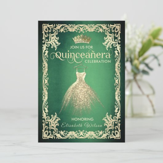 シックなグリーンラグジュアリー金ゴールドドレスティアラキンセアニラ 招待状 (スタンド正面)