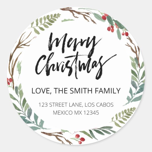 シックなグリーンリーレッドベリークリスマス差出人住所 ラウンドシール (正面)