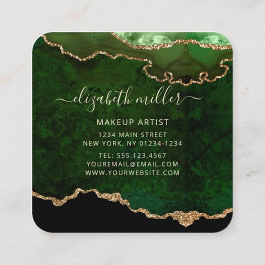 シックなグリーン金ゴールドグリッターアゲートスクリプトモノグラム スクエア名刺 (裏面)