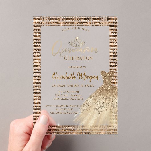 シックなグリーン金ゴールドドレスティアラ，ダイアモンズキンセアニラ アクリル招待状 (インサイチュ (ポータブル))