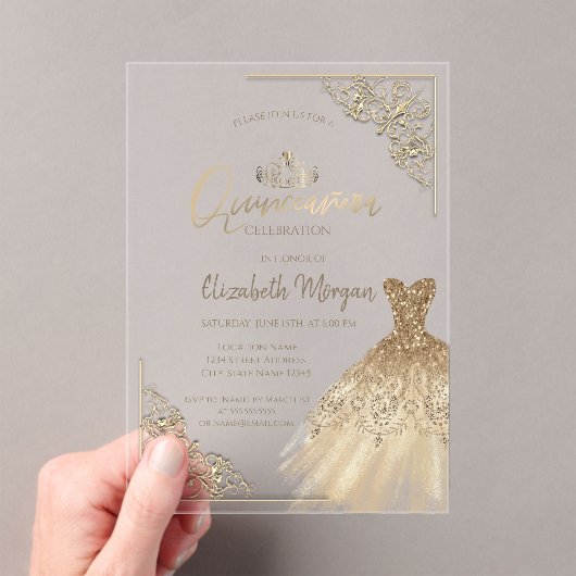 シックなグリーン金ゴールドドレスティアラ，ダイアモンズキンセアニラ アクリル招待状 (インサイチュ (ポータブル))