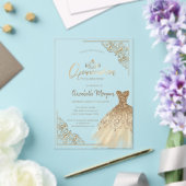 シックなグリーン金ゴールドドレスティアラ，ダイアモンズキンセアニラ アクリル招待状 (インサイチュ (ウェディング))