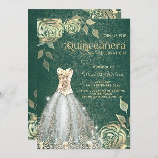 シックなグリーン金ゴールドバラトレンディードレスキンセアニラ 招待状 (正面/裏面)