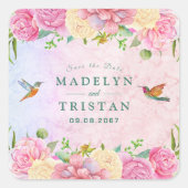 シックなグリーン&ピンク繊細な水色フローラ スクエアシール (正面)
