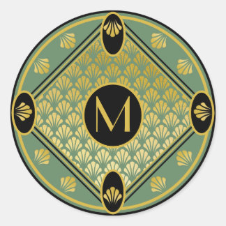シックなグリーン&ブラックアールデコファンパターンモノグラム ラウンドシール