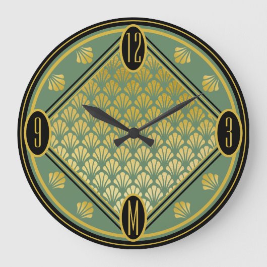 シックなグリーン&ブラックアールデコファンパターンモノグラム ラージ壁時計 (正面)