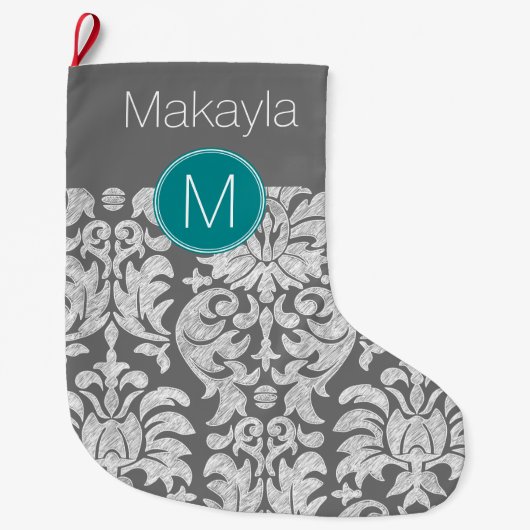 シックなグレーとティール（緑がかった色）ダマスクパターンカスタムモノグラム ラージクリスマスストッキング (正面)