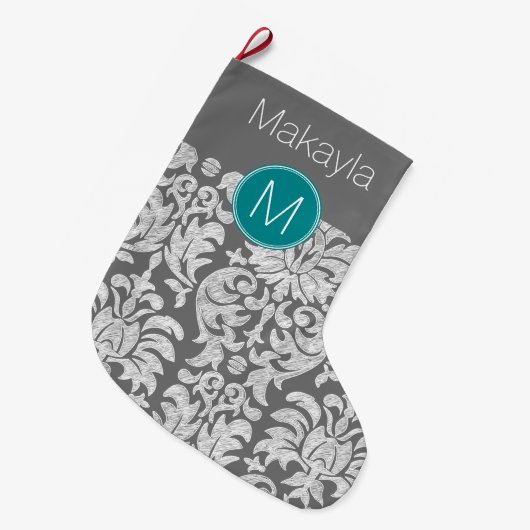 シックなグレーとティール（緑がかった色）ダマスクパターンカスタムモノグラム ラージクリスマスストッキング (正面 (吊り時))