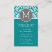 シックなグレーとティール(緑がかった色)ダマスクパターンカスタムモノグラム 名刺 (裏面)