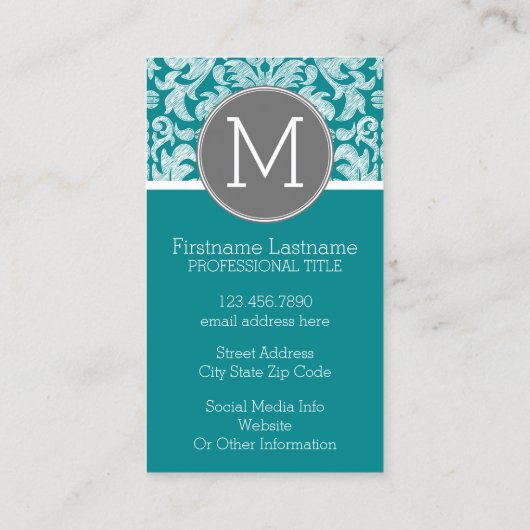 シックなグレーとティール(緑がかった色)ダマスクパターンカスタムモノグラム 名刺 (裏面)