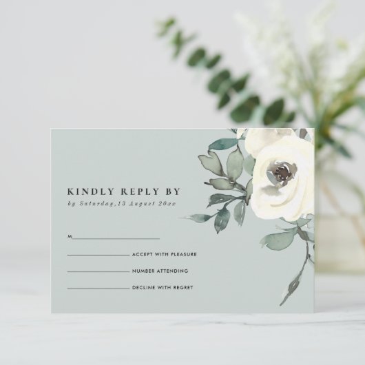 シックなグレーアイボリーホワイトフローラルウォーターカラーバンチRSVP 出欠カード (スタンド正面)