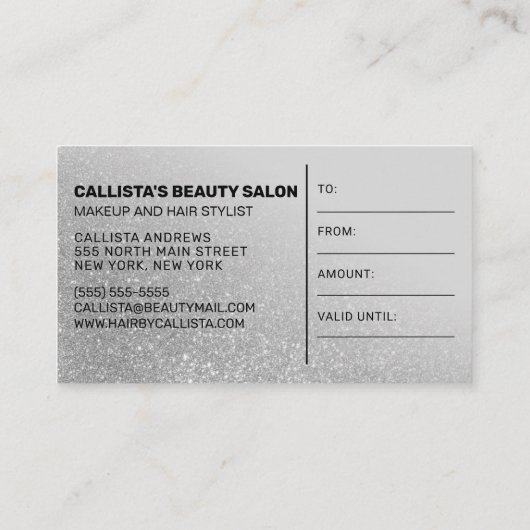 シックなグレーシルバーグリッターグラデーションギフト証明書 名刺 (裏面)