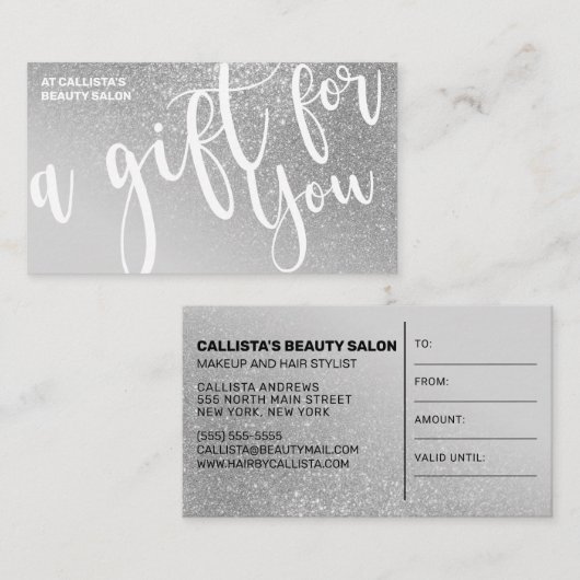 シックなグレーシルバーグリッターグラデーションギフト証明書 名刺 (正面/裏面)