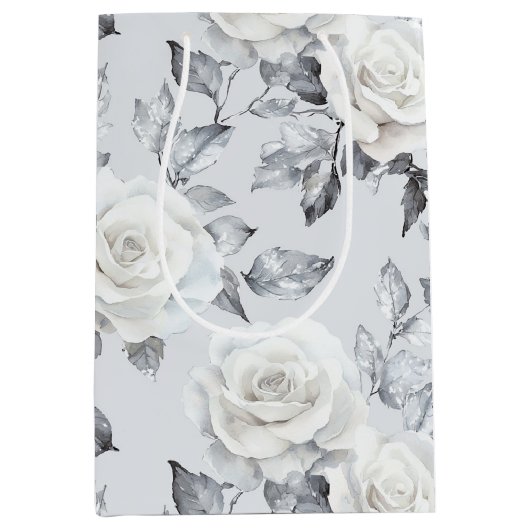 シックなグレーシルバーホワイトフローラ結婚ズ ミディアムペーパーバッグ (正面)